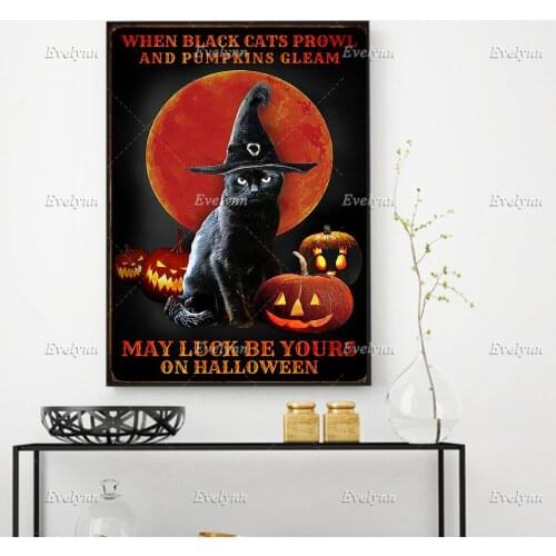 Black Cat Witch Lovers When Black Cats Prowl And Pumpkins Gleam May Halloween Wall Art Prints Home Decor Canvas Floating Frame