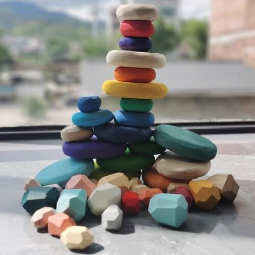 Kids Large Wooden Toys Rainbow Stacking Jenga Natural Solid Flat Stone Building Blocks/Baby Early Montessori Learning Game