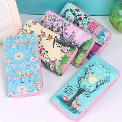 Deer/birds/trees Leather Long Wallet Women Zipper Coin Purses GIRLS Clutch Wallet Female Money Credit Card Holder With Phone bag