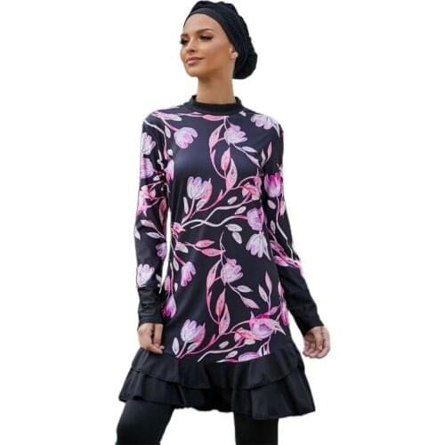 Women Muslim Modest Swimsuit with Hijab Long Sleeve Floral Print Full Covered Islamic Swimwear Conservative Bathing Suit G99D
