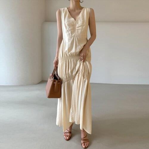 Elegant Vintage Luxury Runway Summer A-Line Dress for Women Party High Waist Sleeveless 2021 Slim Solid Apricot