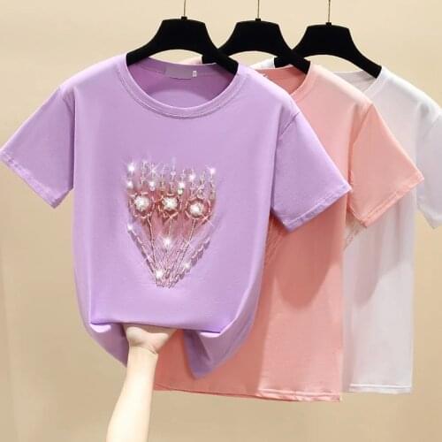 GGRIGHT T shirt Women Clothes Beading Cotton Short Sleeve Casual White Female T-Shirt Summer Tops Pink Purple Tee Shirt Femme