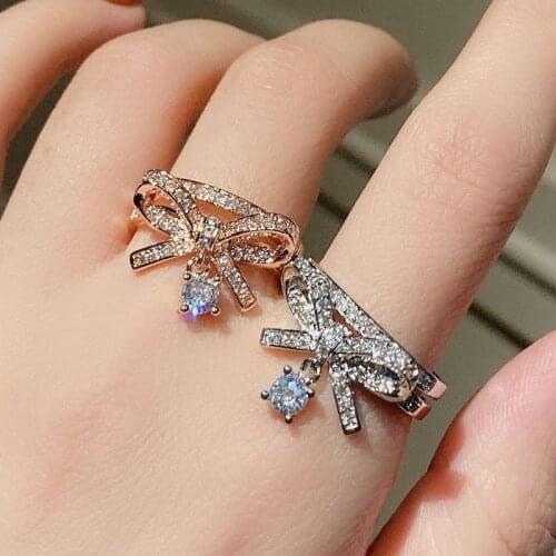 New Fashion Cute Bowknot Design Rings Crystal Rosegold White Color Ring Shiny Opening Wedding Ring For Women