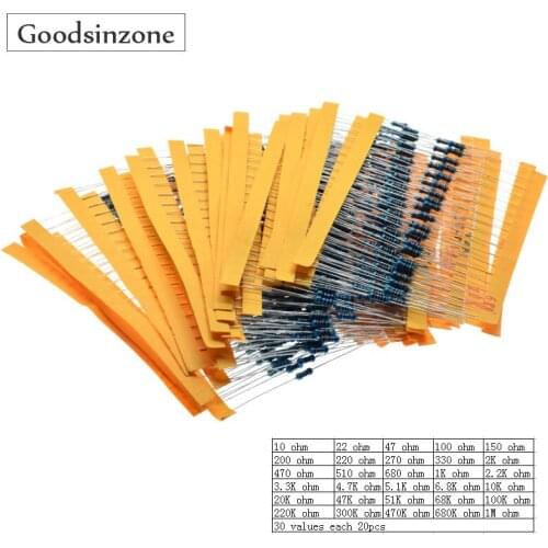 Resistor kit,600pcs Electronics 1/4W Metal Film Resistor kit 1% 30 Value 1/4w resistors Pack Metal Film Full Range resistors Kit