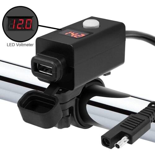 Motorcycle Handlebar Mount Clamp Waterproof SAE to USB Charger Adapter with Digital LED Voltmeter Power Switch for Cell Phones