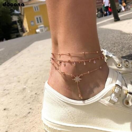 Docona New Beach Gold Metal Chain Star Bell Drops Crystal Layered Anklets For Women Charm Boho Statement Foot jewelry 7118