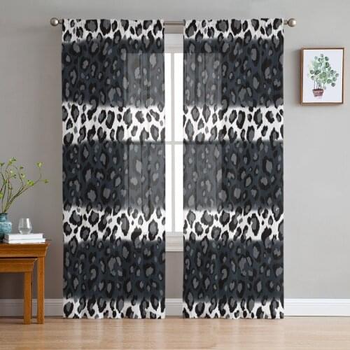 Leopard Print Black White Striped Tulle Sheer Window Curtains for Living Room Kitchen Children Bedroom Voile Hanging Curtain