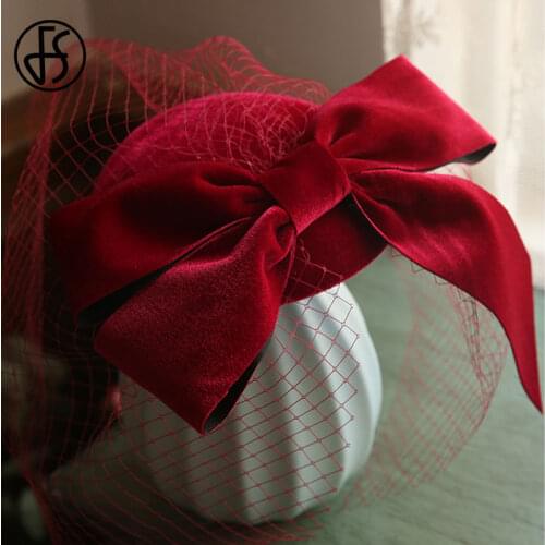 FS Red Fascinators Hat Wedding 2021 Women Bridal Veil Pillbox Hat Mesh Beige White Bowknot Fedoras Cocktail Derby Tea Party Hats