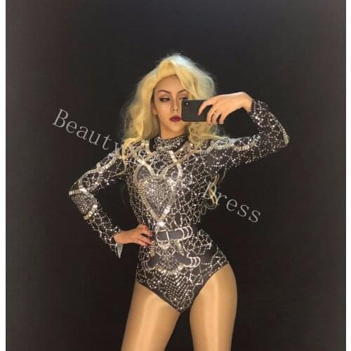 Women Singer Dance Stage Show Wear Glisten Rhinestones Stretch Black Bodysuit Womens Birthday Party Evening Celebrate Outfit