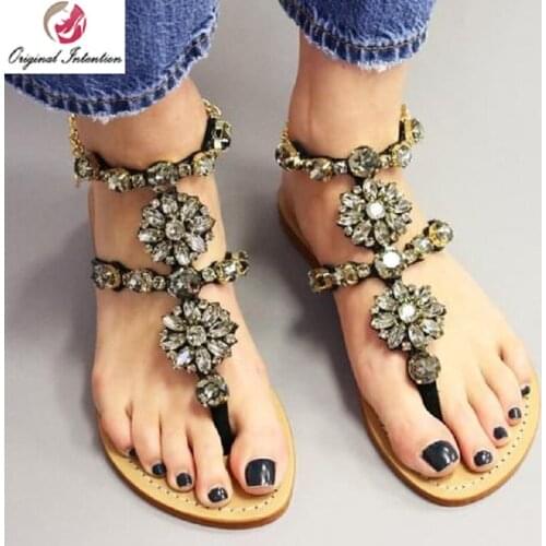 Original Intention Popular Summer Women Flat Sandals Open Toe Casual Sandals Nice Reinestone Sandalia Feminina Shoes Woman US 15