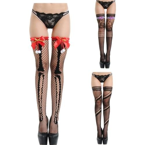 Ladies Lace Hollow Womens Stockings Sexy Long Tube Over The Knee Fishnet Tights Women Erotic Stockings Pończochy Bow Decoration