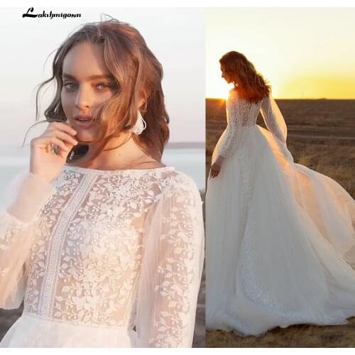 Vestido novia 2021 Newest Long Sleeve O Neck Lace Wedding Dresses With Buttons Bohemian vestido de fiesta de boda Lakshmigown