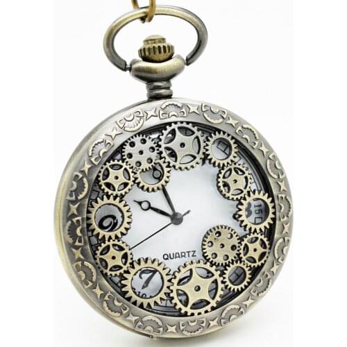 10pcs in Steampunk heavy metal engrave Gear industrial revolution white dail Quartz pocket watch necklace watch party gift