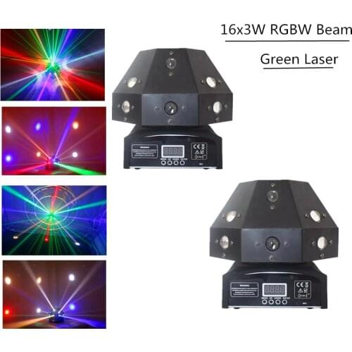 2pcs/lot Beam Laser 2in1 Stage Lights,16X3W RGBW Beam Effect LED Moving Head Light+Green Laser Light For Bar Disco DJ Party Show