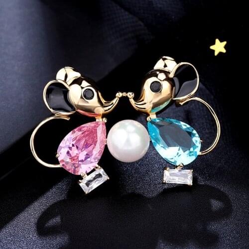 Lovely Couple Mouse Brooches Luxury Crystal Cubic Zirconia Animal Pin Jewelry for Women Party Accessories Corsage Christmas Gift