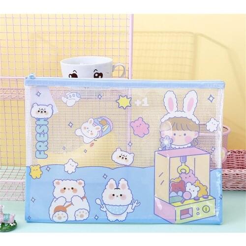 1pc Kawaii Cartoon Pattern Transparent A4 Grid Pencil Case Stationery Bills Receipt Bag Document Storage Zipper Bag