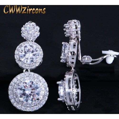 CWWZircons Clip on Ear Round Drop Cubic Zirconia Non Pierced Earrings Fashion Wedding Jewelry Womens Accessories CZ427