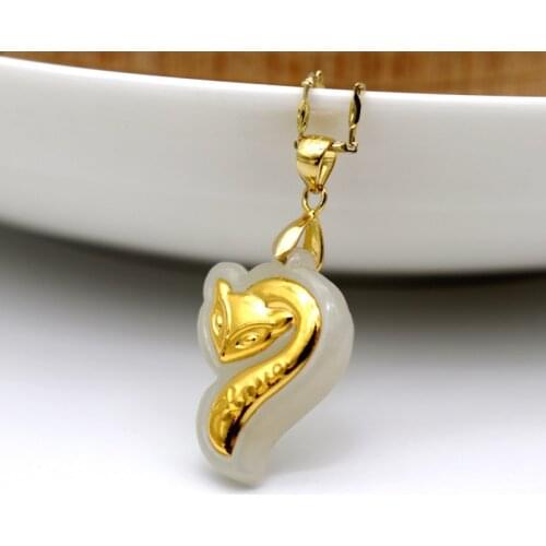 Natural Hetian Jade 24k Gold Fox Look Love Inlaid Necklace Auspicious Pendants For Eros Women подвеска Christmas Gift