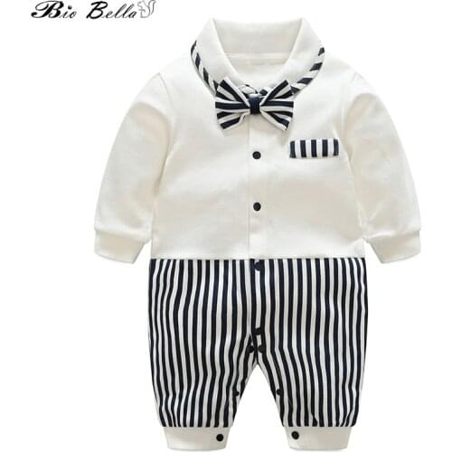 Gentle Baby Rompers Cotton Bow Tie Gentleman Boys Clothes Toddler Kids Clothing Newborn Infant Jumpsuit Long Sleeve Outfits