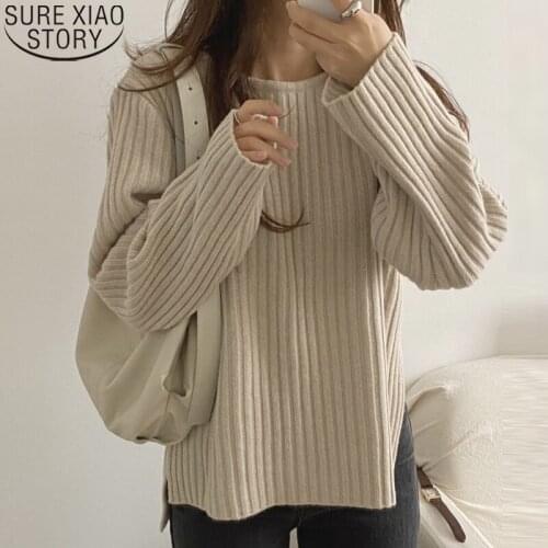 Korean Casual Loose Solid Sweater Fashion Oversize Split Pullover Autumn Long Sleeve O-neck Knit Sweater Top Women Clothes 17119
