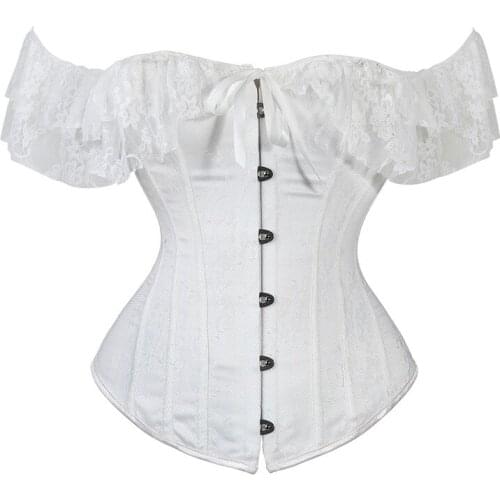 One shoulder Corset Lace Short Sleeves Bustier Overbust Corset Royal Elegant Corselet Floral Gorset Front Buckle Korsett White