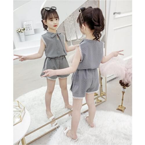 Summer Clothes Set For kids Girls Cute Plaid Lace T Shirt & Shorts Teenager Child Clothing Outfits 3T 4 5 6 7 8 9 10 11 12 Years
