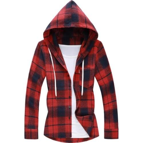 Men Shirts 2021 New Hooded Plaid Shirt Mens Long Sleeve Print Shirt Fashion Casual Clothing Trends Oversized Button Up Shirt 7XL