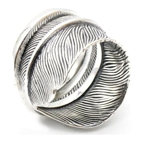 Vintage Indian Feather Men Women Ring 925 Solid Sterling Silver Adjustable Punk Finger Ring for Lover Antique Silver 925 Jewelry