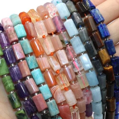Natural Faceted Gem Quartz Citrines Aquamarina Jades Agates Stone Cylinder Beads For Jewelry Making Charm DIY Bracelets 6x10mm