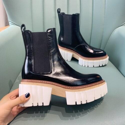 2021 New Chelsea Boots Round Toe Women Boots Ankle Boots Woman Slip-On Women Shoes Hot Genuine Leather Thick Bottom Shoes Woman