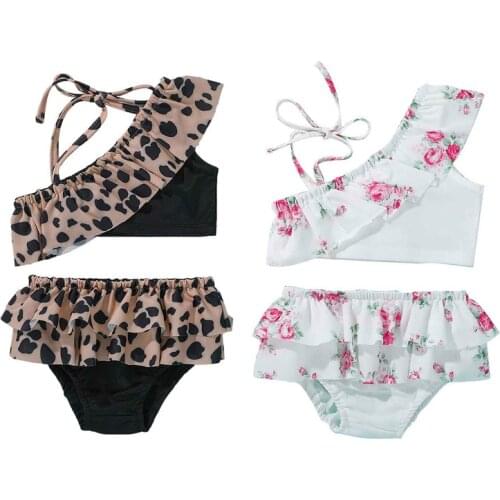 2021 New Girls Swimwear Kids Beachwear Leopard Floral Swimsuit Ruffle Two Piece Bikini Sets Children Swimsuits Baby Bathing Suit