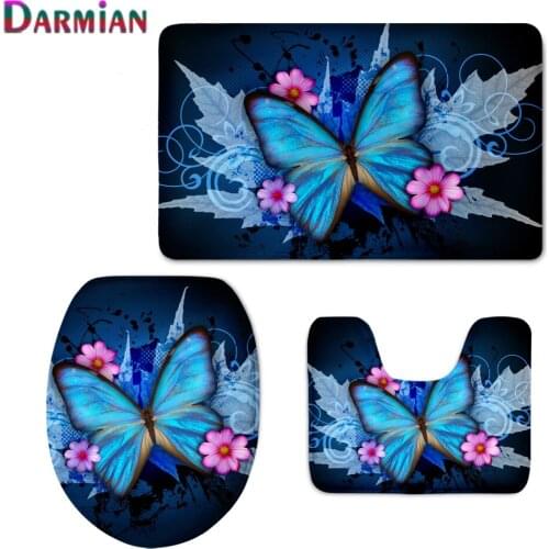 New Toilet Accessories Beautiful Blue Butterfly Printed 3pcs/Set Toilet Seat Cover Warmer Washroom Rugs Soft Absorbent Bath Mats