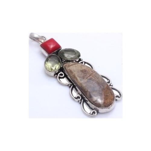 Genuine Jasper + Coral Pendant Silver Overlay over Copper , 85 mm, P10693
