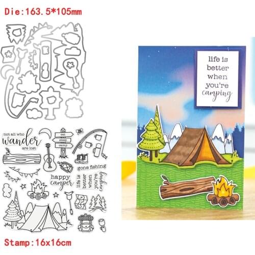 Camping Essentials Tent Fire Fishing Rod Plant Metal Cutting Dies&Transparent Clear Stamps For DIY Scrapbooking Album Paper Card