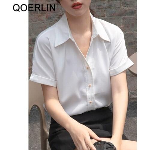 QOERLIN Chic OL Formal White Shirts Women Elegant Short Sleeve Turn-Down Collar Tops Fashion Vintage Satin Summer Blouse Office