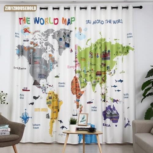 Cute Cartoon Color World Map Shade Curtains for Living Dining Room Bedroom