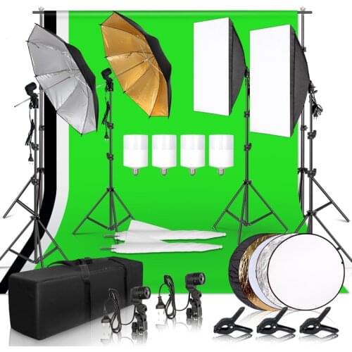 Photo Studio LED Softbox Umbrella Lighting Kit 2.6Mx3M Background Support Stand Green Backdrop for Photography Video Shooting