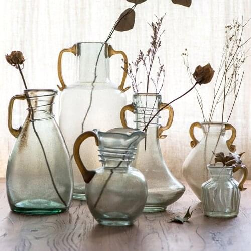 Retro High Quality Handle Glass Vase Quicksand Gold Manual Blowing Art Vases Hydroponic Flower Arrangement Bottle Home Decor