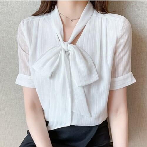 Shintimes Blusa Feminina Womens Tops 2021 White Blouse Chiffon Women Shirt Bow Blouses Women Elegant Short Sleeve Summer Clothes