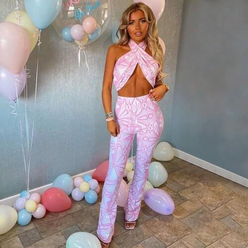 Paisley Printed Womens Tracksuits Y2k Pants And Cropped Halter Top Fashion 2021Summer Two Piece Set Female Outfit Trouser Suit