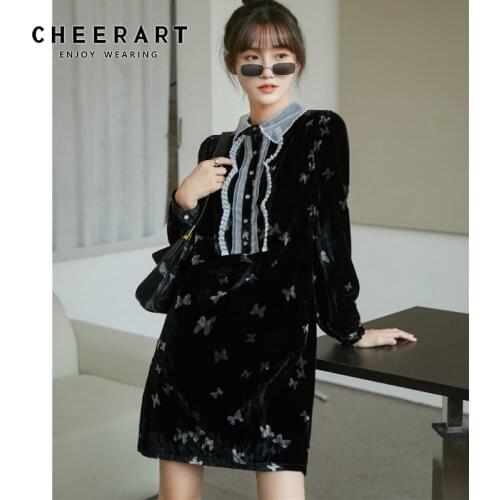 CHEERART Butterfly Velvet Winter Dress Women Black Collar Long Sleeve Korean Puff Sleeve Mini Classy Ladies Dress 2020