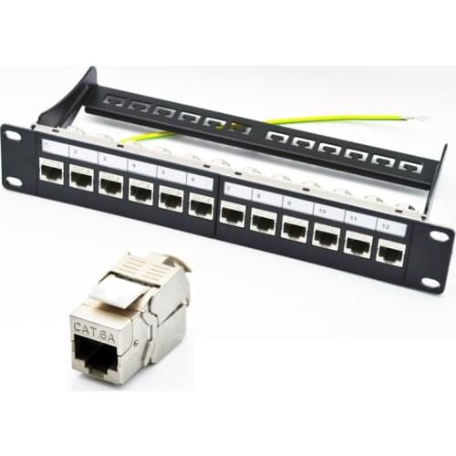 10inch 12 port Cat6a Patch Panel Loaded Cat6a Keystone Jack&Cable Management Bar