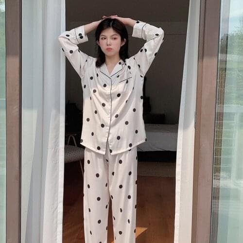 2021 Spring Ladies Simple Style Pajamas Set Comfort Silk Satin Turn-Down Collar Full Sleeve Women Polka Dot Household Sleepwear