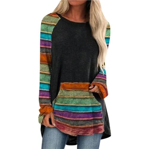 40# Women T-shirts Oversize Loose Winter Ladies Casual Round Neck Colorful Strip Print Long Sleeve T-shirt Top Женские Футболки