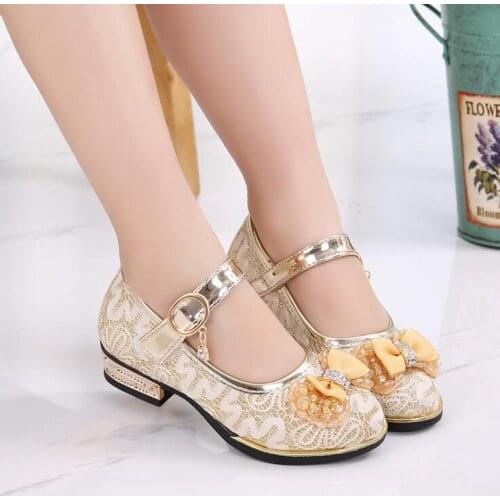 Children Flower Bead Little Girls Dress Bow Princess Party Shoe For Wedding Shoes Big Kids Leather Shoe School Sneakers