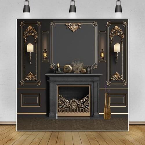 Black Chic Wall Vintage Fireplace Backdrop For Photography Wooden Floor Gold Line Living Room Decor Family Photocall Background