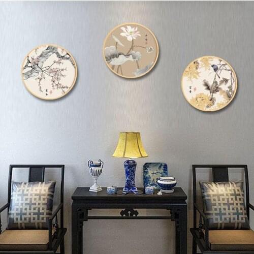 Wall Art Canvas Painting Chinese Flower Bird Ink Round HD Printing Poster Home Decorative Modern for Living Room Modular Picture