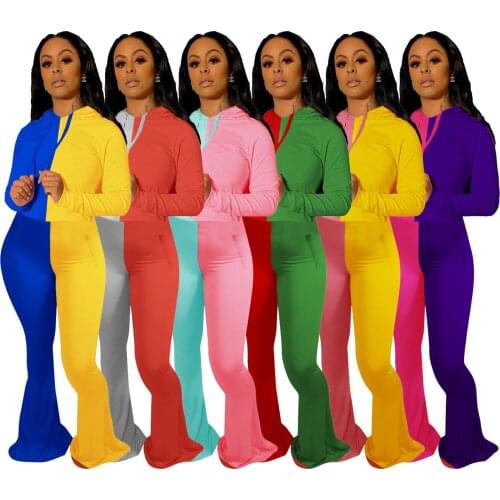 Patchwork Sweatpants and Hoodie Set Women Fall Winter Clothings Drawstring Hooded Long Sleeve Top + Bell-bottom Pants 2 Pcs Sets