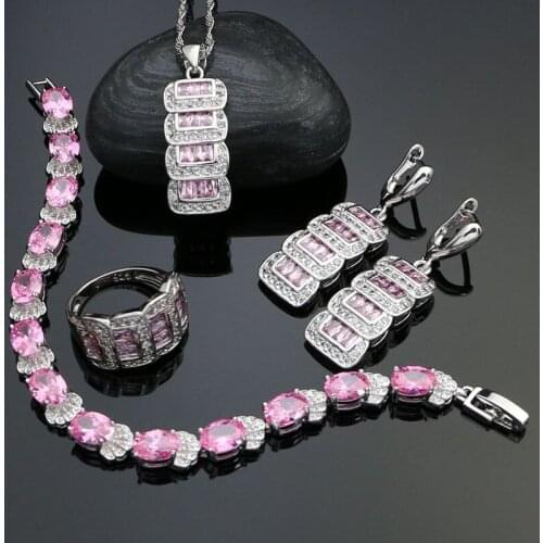 925 Silver Party Jewelry Sets For Women White Crystal Pink Cubic zirconia Drop Earrings/Pendant/Necklace/Ring/Bracelet Set