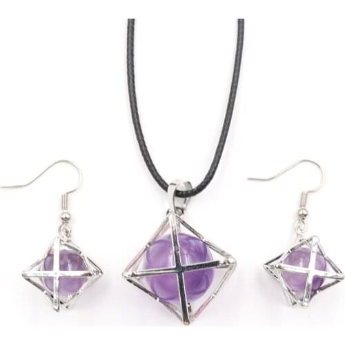 Merkaba Symbol Star Point Silver Plated Amethysts Stone Necklace Drop Earrings Opalite Opal Spiritual Jewelry Sets